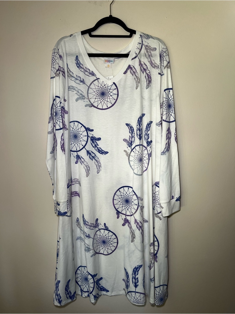 LuLaRoe EmilyWhite Dreamcatcher Print Long Sleeve Dress with Purple-Blue Accents